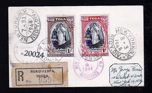 1944 - 1 P. und 1 Sh. auf Einschreibekarte ab Nukualofa nach USA (18100757)