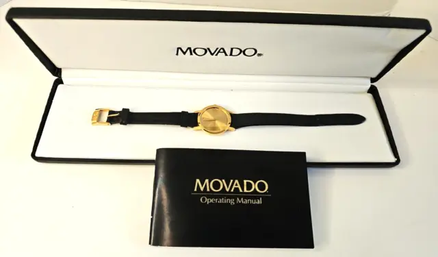 Movado Bold Ladies Watch Gold Face Swiss Black Leather Band 2894494 Box Manual
