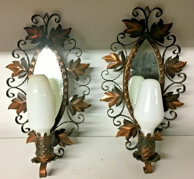 2 Anciennes Appliques Murales Miroir Decor Feuilles