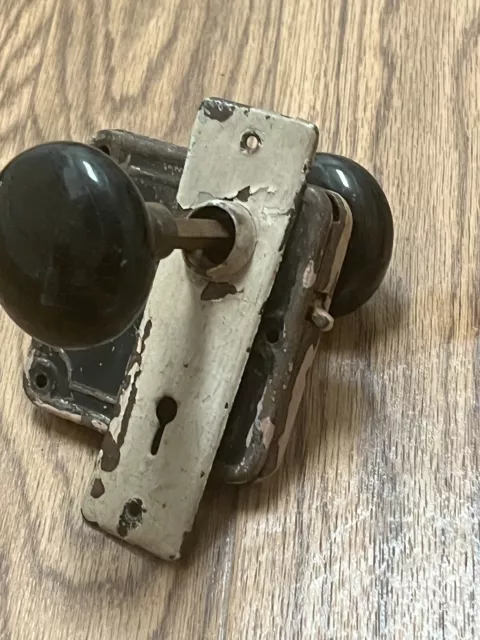 Antique / Vintage Black Doorknob Key Lock Porcelain Door Knob Set no Key VTG 2