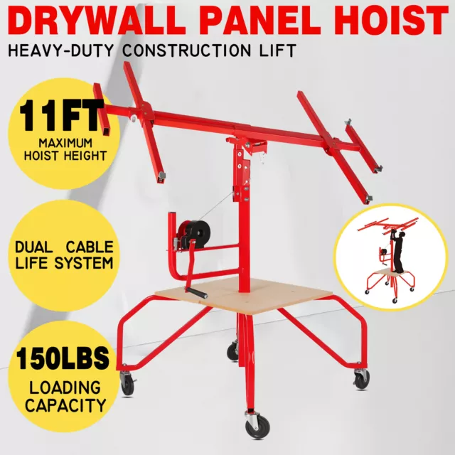 11FT Drywall Lift Panel Hoist Jack Lifter Lockable Rolling Tools With Footboard