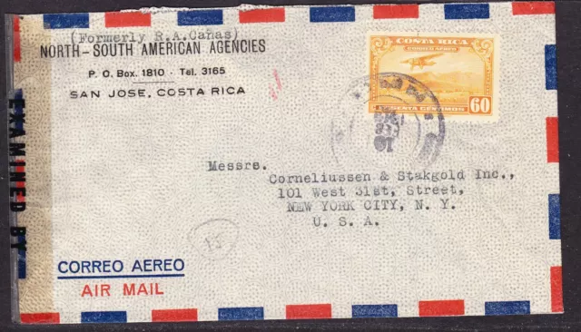 Costa Rica 1943 Censor Cover San Jose to New York