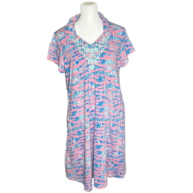 KATE LANDRY CASUALS Women s Sm Pink Blue Floral Embroidered Collared Patio Dress 27.49 PicClick