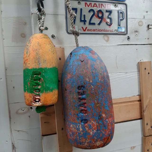 2 BUOYS! Multi-colored Maine vintage Lobster Trap Pot Floats with Rope! Zoom in!