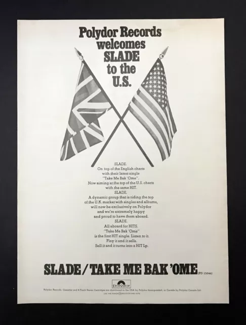 Slade Take Me Bak 'Ome Slayed? 1972 Short Print Poster Type Ad, Promo Advert