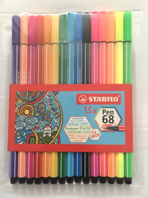 STABILO PEN 68 FASERMALER Filzstift 15 STÜCK INKL. 5 NEONFARBEN NEU