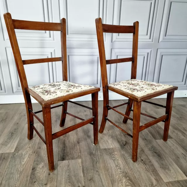 Pair x2 Antique Edwardian Wooden Ladder Back Chairs Upholstered Lounge Bedroom