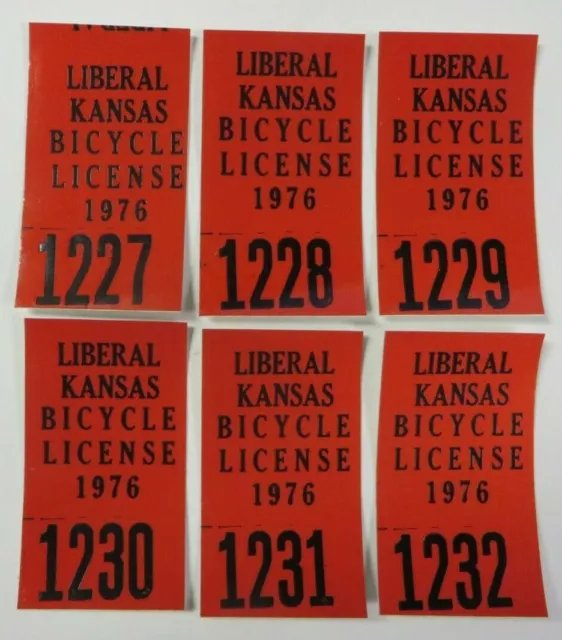 Vtg 1976 Lot of 6 LIBERAL, KANSAS Bicycle Bike Tag License Registration Stickers