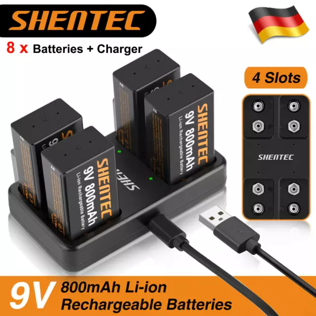 9Volt Block 800mAh Lthium Batterie Li-ion Wiederaufladbare Akku +4Slot Ladegerät