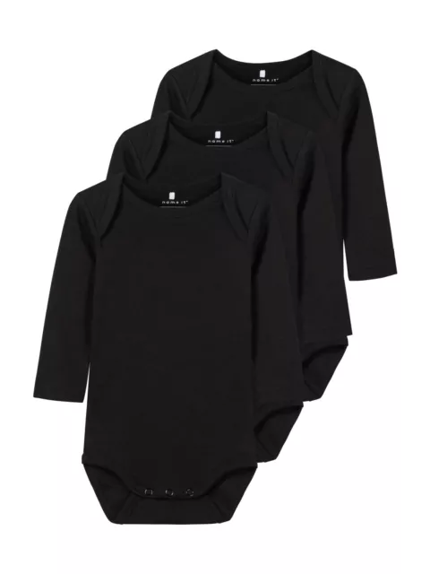 NAME IT 3er langarm Baby Body Set schwarz uni einfarbig Größe 50 bis 98