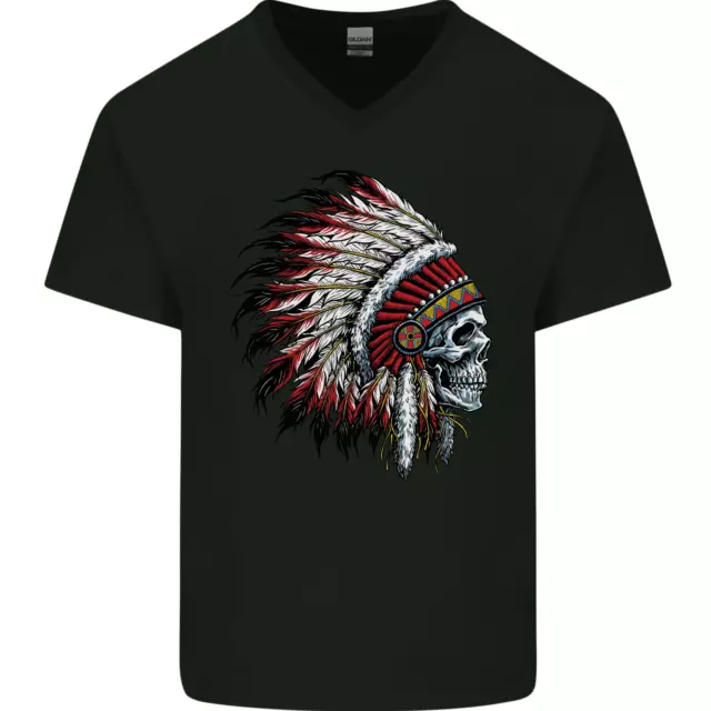 Indian Skull Headdress Biker Motorbike Mens V-Neck Cotton T-Shirt