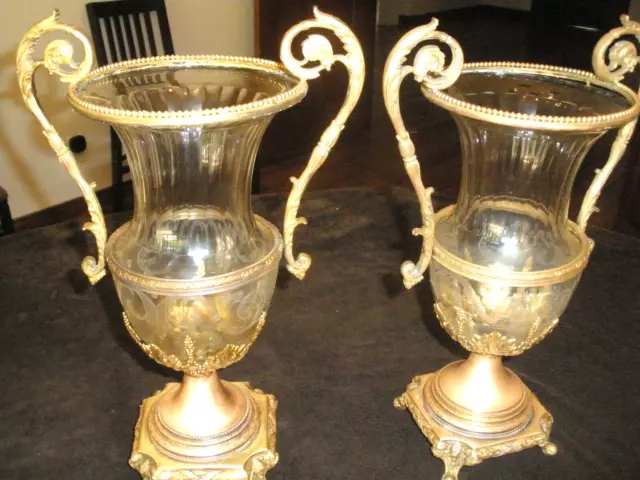 Rare Pair Of 14.5" Tall 19C French Empire Baccarat Crystal&Gilt Bronze Vase, Urn