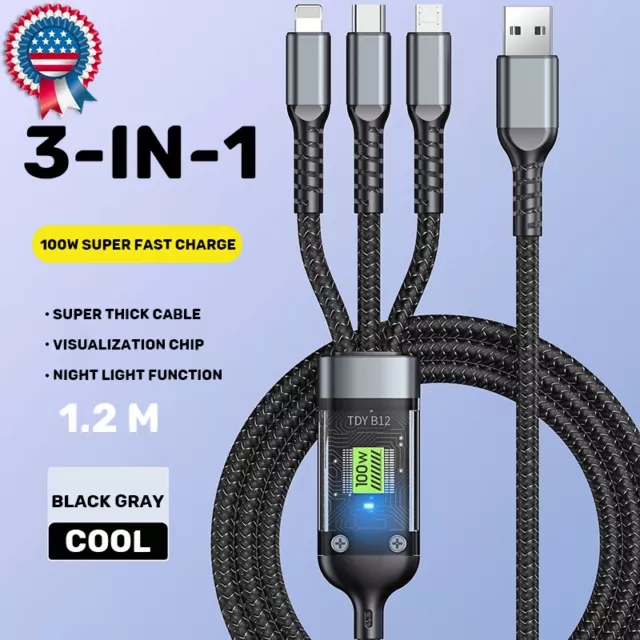 3-in-1 100W 5A Fast Charging USB To Type-C Micro Fast Charger Cable For iPhone