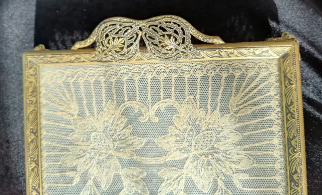 Tambour Lace & Flower Petit Point Needlework Doily Framed in a Goldtone Tray 3