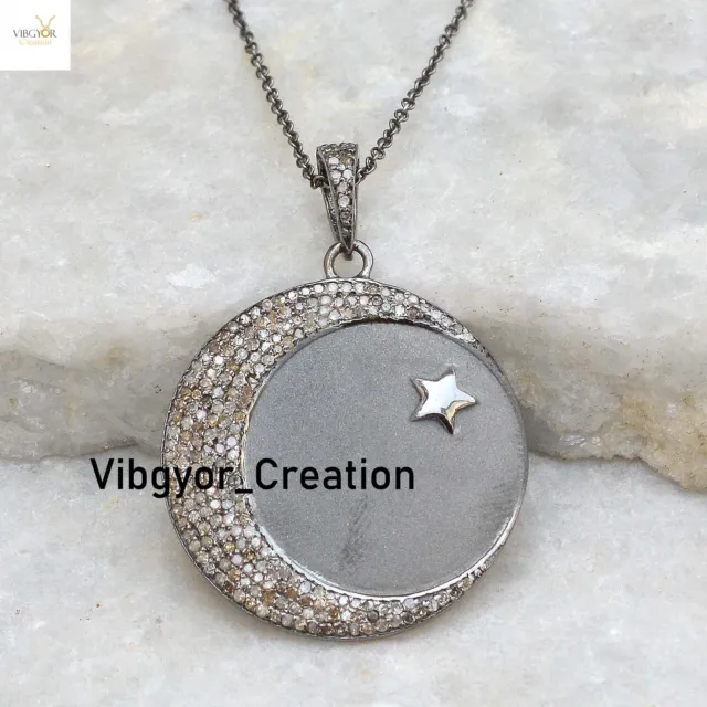 Natural Pave Diamond Crescent Moon Pendant 925 Sterling Silver Matte Finish Gift