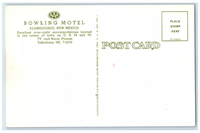 c1950's Bowling Motel Roadside Alamogordo New Mexico NM Vintage Postcard 2