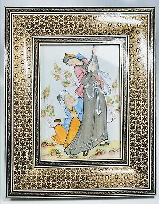 Hand-Painted Persian Man and Woman Scene on Celluloid in Mosaic Frame