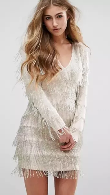 Missguided Peace + Love Embellished Fringe Mini Dress Silver Size 8