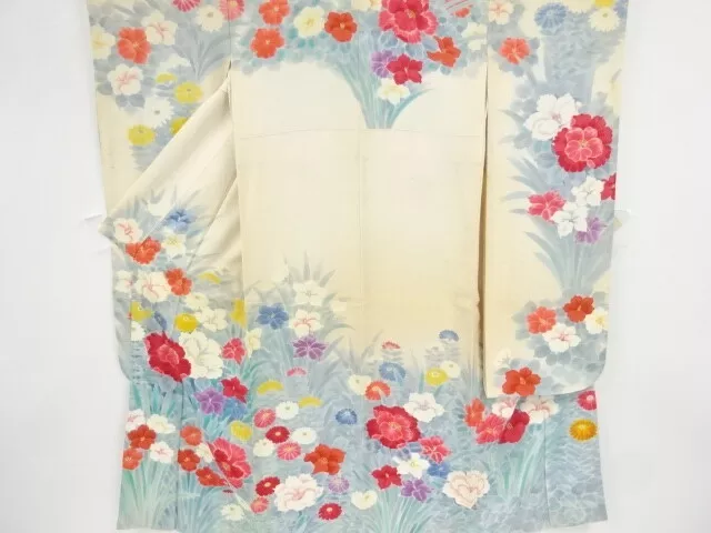 36822# Japanese Kimono / Antique Furisode / Woven Floral Plants