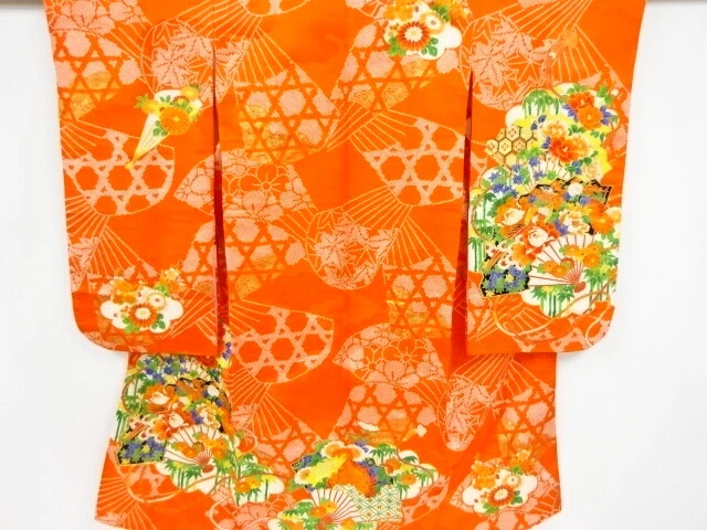 44746# Japanese Kimono / Antique Kimono For Girls / Flower With Birds & Fold