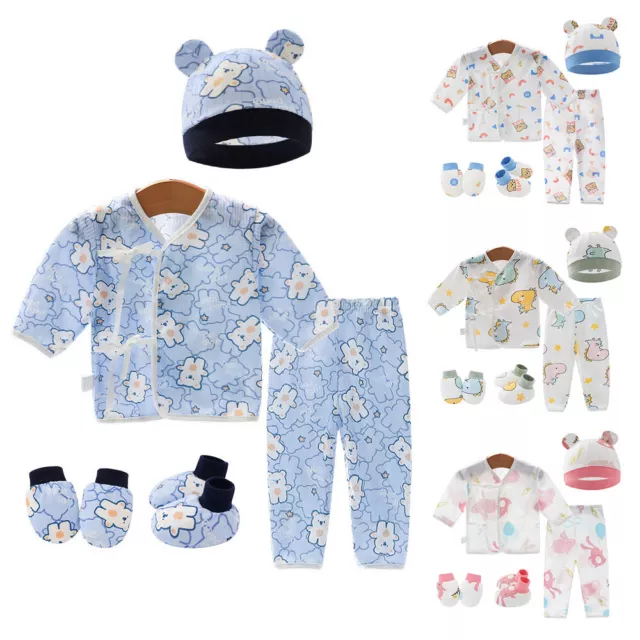 5PCS Newborn Baby Boys Girls Long Sleeve Top Hat Pants Gloves Outfits Socks Set