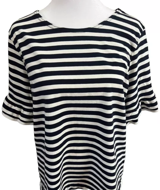 NWOT J.CREW Navy Blue & White Striped Top With Ruffled Short Sleeves Large
