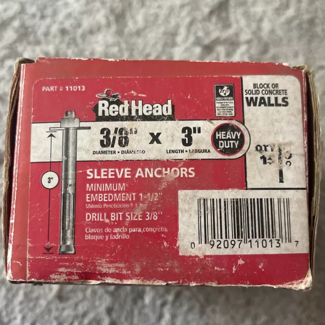 BOX 13 RED HEAD 3/8" x 3" Hex-Head Sleeve Anchors for Blocks Brick Concrete