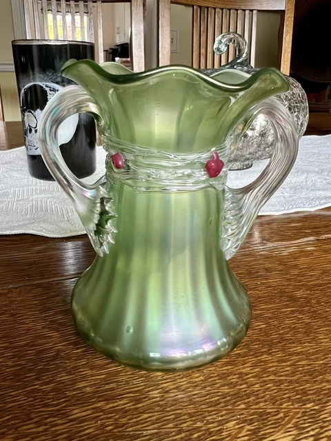 Antique Loetz Iridescent green art glass vase, Signed, Applied Handles & Prunts