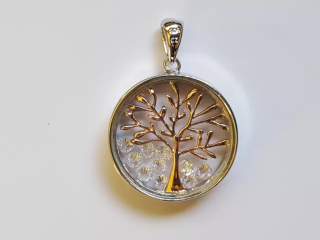 Solid 925 Sterling Silver Glass Enclosed Round Tree Of Life Pendant Floating CZ