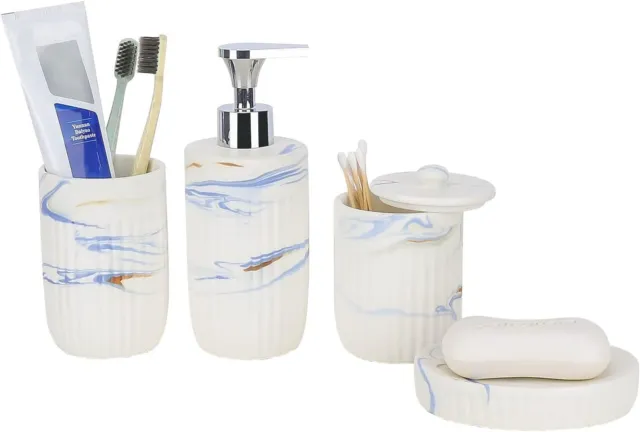 Bathroom Accessories Set with Blue Marble Look Ink White, Toothbrush