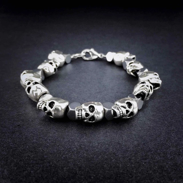 💀 Silver Skull & Hematite Beaded Bracelet Handmade Men’s Jewelry 💀 Silver Skull & Hematite Beaded Bracelet Handmade Men’s Jewelry