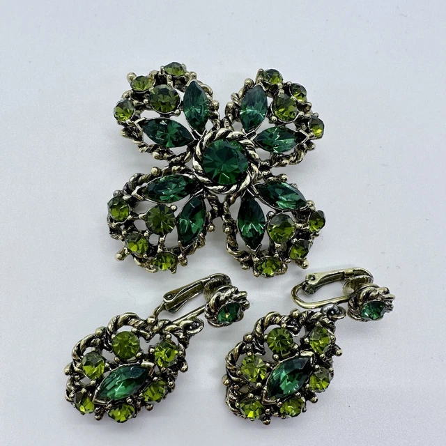 VINTAGE WEISS MALTESE Cross Brooch Clip On Earrings Set Green Gold