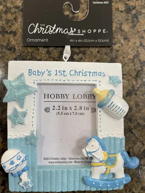 NWT Babys first Christmas bottle rocking horse blue white frame ornament