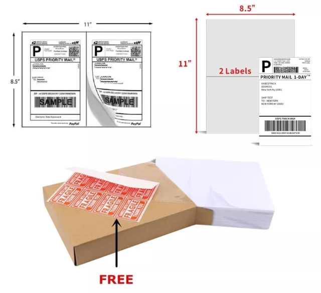 200-8000 Shipping Labels 8.5" x 5.5" Half Sheets Blank Self Adhesive 2 Per Sheet