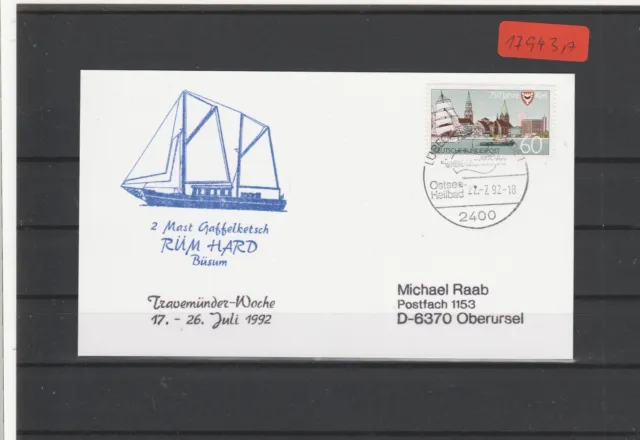 Ship postcard with ship stamp 2 mast Gaffelketsch Rüm Hard 22.7.1992