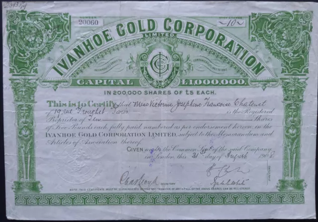 Ivanhoe Gold Corporation , London 1908