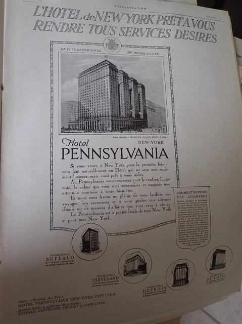 HOTEL PENNSYLVANIA NEW YORK + BALLOT 2 litres pub papier ILLUSTRATION 1922