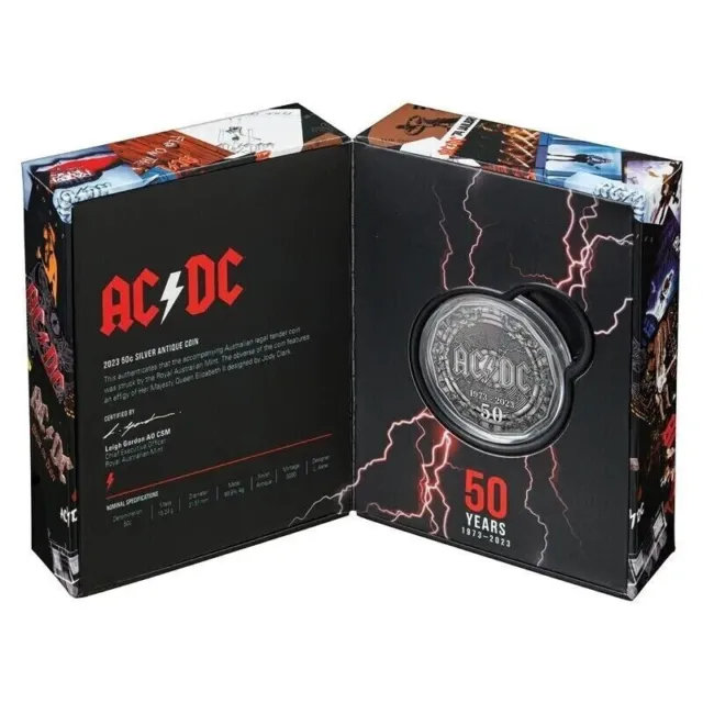 Australia 2023 AC/DC 50th Anniversary 50c cent Silver Antiqued Boxed Coin