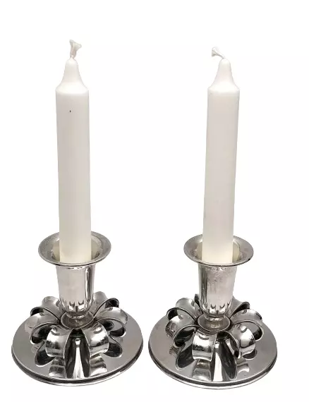 Cohr Sterling Silver Pair of Oil Candlesticks in Jensen Mid-Century Modern Style