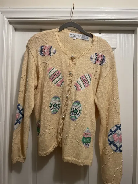 Vintage The Eagles Eye Sweater Yellow Easter Egg Embroidered Womens Size L