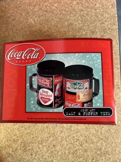 Vintage 2001 Coca Cola Sign Images Graphic Metal Salt & Pepper Shakers Tins NEW