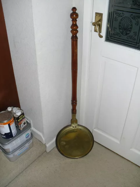 Large Antique Copper & Brass Bed Warming Pan with Mahogany? Handle