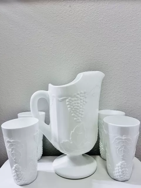 Indiana Glass Colony Harvest Grape Milk Glass Set of Pitcher & 8 Tumblers