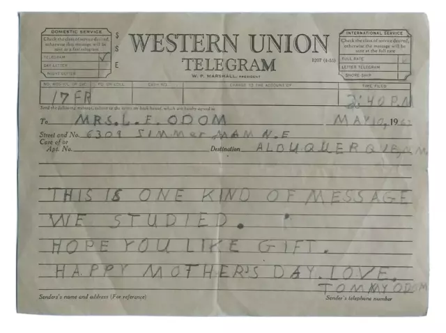 1963 Vtg Western Union Telegram Happy Mother's Day
