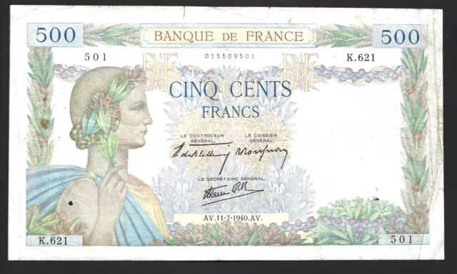 BILLET 500 Francs LA PAIX Du 11/7/1940 état TB