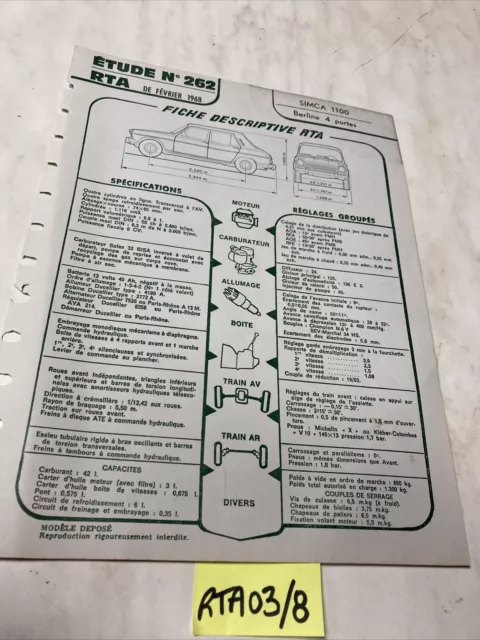 Fiche technique automobile Simca 1100 édition 1968 RTA
