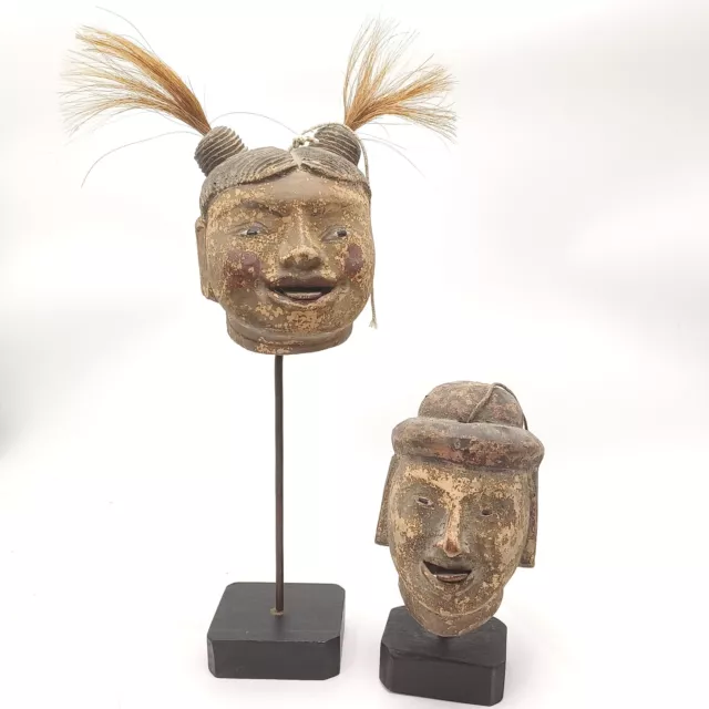ANTIQUE BURMESE ANIMATED PUPPET HEAD LOT OF 2 ON STAND. No 8 & 9. PRE-OWNED