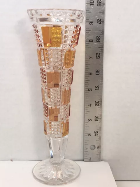 PRESSED  GLASS VASE Amber Tile and Diamond Cut pattern Beautiful.EUC