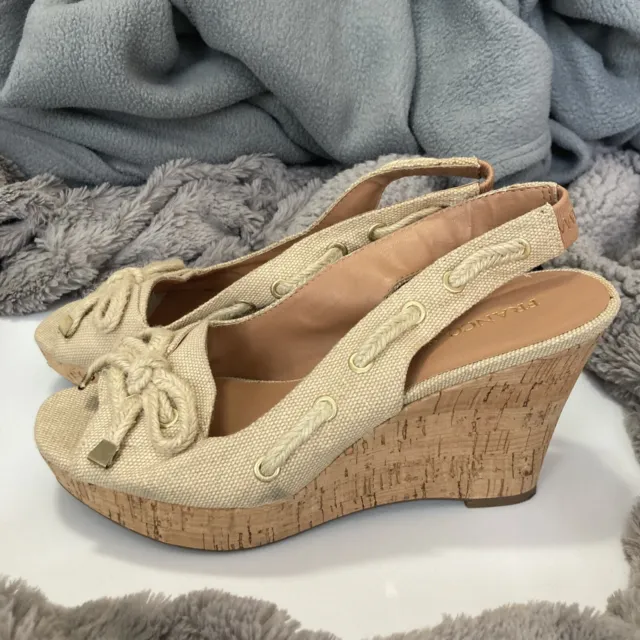 Franco Sarto Tan Cork Platform Wedge Peep Toe Heel Sandals Bow 8