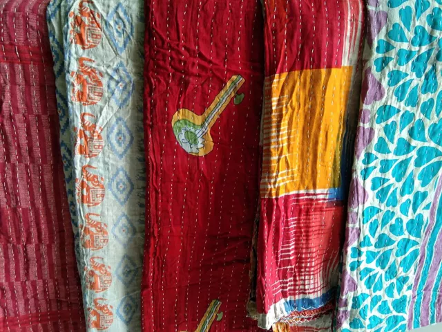 Mix Lot 10 PC Indian Quilt Handmade Throw Twin Kantha Vintage Reversible Blanket 3